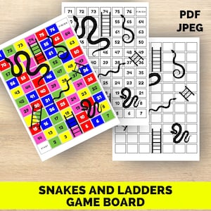 Printable Snakes and Ladders Board Game,  Family Board Game, KIDS board Games PDF, Downloadable Board Games, DIY snakes and ladders