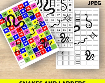 Printable Snakes and Ladders Board Game,  Family Board Game, KIDS board Games PDF, Downloadable Board Games, DIY snakes and ladders