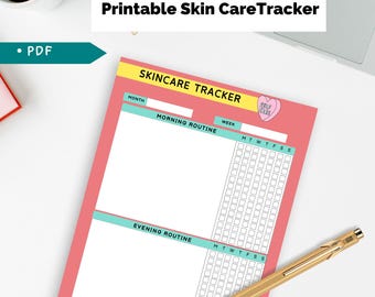 May include: Printable skincare tracker with a pink background and a yellow and turquoise header. The tracker has sections for morning and evening routines with a grid for each day of the week.