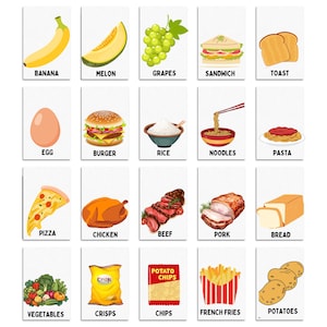 May include: A set of 20 colorful flashcards featuring illustrations of various foods, including fruits, vegetables, meats, and snacks. The flashcards are labeled with the name of each food item in white text.