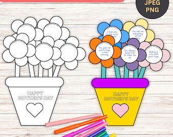 May include: A Mother's Day craft activity with flower-shaped cards in a vase, with phrases like "I love you to the moon" and "Happy Mother's Day." Includes markers in various colours for colouring the craft.