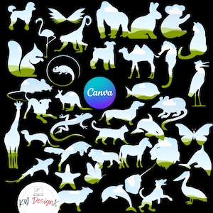 May include: A collection of animal silhouettes in white, filled with a landscape design of green hills and blue sky. Includes a poodle, flamingo, gorilla, koala, cat, squirrel, and more. The Canva logo is visible.