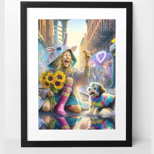 May include: A young girl wearing a unicorn hoodie and pink rain boots laughs while holding a bouquet of sunflowers and a string attached to a rainbow heart. A rainbow-colored puppy runs towards her in a city setting.