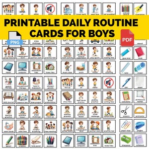 Calendrier visuel imprimable des cartes de routine, calendrier de l'autisme, tableau des routines des tout-petits pour les garçons, tableau des tâches ménagères quotidiennes, carte PEC, enfants