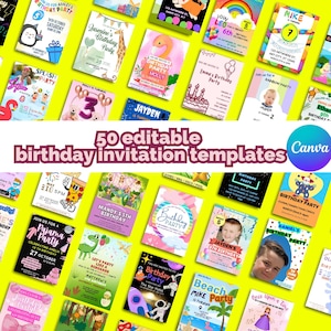 Puede incluir: Una colección de 50 plantillas de invitación de cumpleaños editables diseñadas en Canva. Las plantillas presentan una variedad de temas, colores y diseños, incluyendo un arcoíris, un dinosaurio, una nave espacial, una playa y una princesa. El texto "50 plantillas de invitación de cumpleaños editables Canva" se muestra en el centro de la imagen.