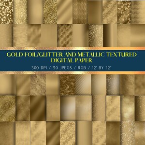 50 GOLD Glitter, metallisch, Folie Digital Papier - 12in x 12in - Kommerzielle Nutzung - 300dpi - Glänzendes und funkelndes luxuriöses goldenes digitales Papier