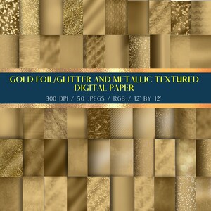 50 GOLD Glitter, metallic, foil Digital Paper -  12in x 12in - Commercial Use - 300dpi - Shiny and sparkling luxurious gold digital paper