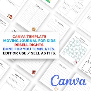 May include: A Canva template for a moving journal for kids. The template includes pages for packing lists, daily journals, a calendar, and a section for the child to write about their new school. The text "CANVA TEMPLATE MOVING JOURNAL FOR KIDS RESELL RIGHTS DONE FOR YOU TEMPLATES. EDIT OR USE / SELL AS IT IS." is displayed in large, bold letters.