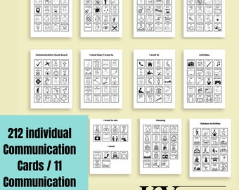 May include: Black and white communication cards with various symbols and text. The cards are organized into 11 boards with titles such as "I feel", "Food and Drink", "I want to", "Activities", "Housing", and "Outdoor Activities". The text "212 individual Communication Cards / 11 Communication Boards" is displayed at the bottom of the image.