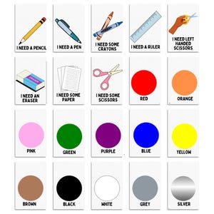 May include: A set of 20 colorful cards with various images and text. The cards include images of a pencil, pen, crayons, ruler, eraser, paper, scissors, red circle, orange circle, pink circle, green circle, purple circle, blue circle, yellow circle, brown circle, black circle, white circle, gray circle, and silver circle. The text on the cards includes "I need a pencil", "I need a pen", "I need some crayons", "I need a ruler", "I need an eraser", "I need some paper", "I need some scissors", "Red", "Orange", "Pink", "Green", "Purple", "Blue", "Yellow", "Brown", "Black", "White", "Grey", and "Silver".