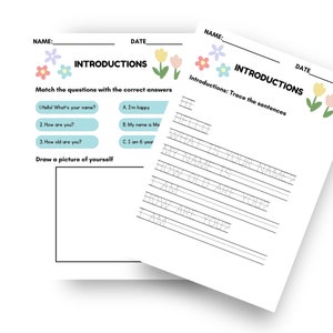 May include: Two white worksheets with the title "INTRODUCTIONS" and floral decorations. One worksheet has questions to match with answers and a space to draw. The other worksheet has sentences to trace.