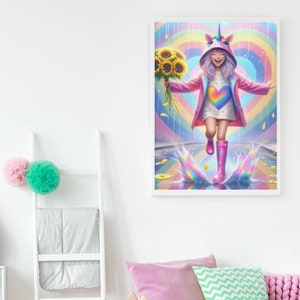 Printable Happy Girl wall art,  Unicorn Print,  wall Print gift, Girls Room Decor, Teen girls, colorful wall , wall art, cute, sunflowers