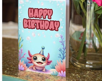 Printable Axolotl Birthday Card | Cute Under the Sea Kids Card | Printable Fish Themed Birthday Card - DIY greeting card