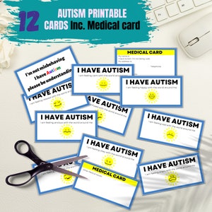 Ik heb autisme, Autism Awareness Medical ID-kaart Autisme afdrukbaar sleutelkoord, Autismegevoelkaarten, Autismecommunicatiekaarten,