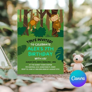 以下が含まれることがあります： 緑のジャングルをテーマにした誕生日招待状で、2匹の漫画のサルがツルからぶら下がっています。招待状には「あなたを招待します！アレックスの7歳の誕生日を私たちと一緒に祝いましょう！」と書いてあります。2025年8月12日午後2時から午後4時まで、サニータウンセンター、1111セントラルアベニュー、サニーサイドFL 33801にて。8月8日までにジェーンにRSVPしてください。888.888.8888まで。」