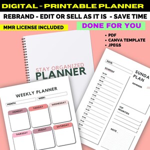 May include: A printable planner with a pink and green color scheme. The planner includes a weekly planner, a daily planner, and a section for top priorities. The text "Stay Organized Planner" is at the top of the page.