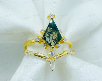 Green Moss Agate Vintage kite Shaped Ring Set, Engagement Ring, Promise Ring, Dainty Ring, Delicate Ring, Anniversary Gift, christmas Gift