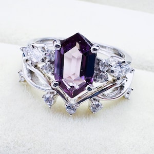 Hexagon Amethyst Engagement Ring Set: CZ Sterling Silver Bridal Ring