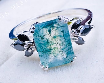 Moss Agate Emerald Cut Green Stone Ring with Black Marquise Accents in White Gold, Unique Vintage Inspired Engagement Ring for Her