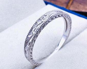Vintage Filigree 14k White Gold Wedding Band: Art Deco Ring
