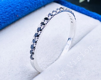 Black Onyx Half Eternity Wedding Band in White Gold or Silver, 1.4mm Stacking Ring, Handmade Minimalist Engagement Ring for Women