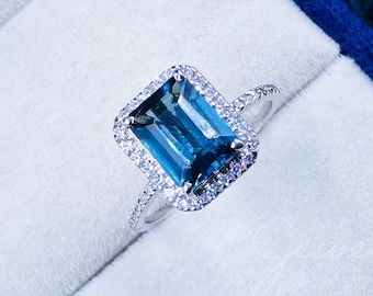 Elegant London Blue Topaz Engagement Ring Emerald Cut in White Gold Half Eternity Halo Vintage Diamond Bridal Gift Unique Anniversary Ring