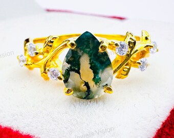 Anillo de compromiso vintage de ágata musgosa en forma de pera: anillo de hoja art déco de oro amarillo
