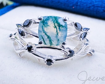 Cushion Cut Green Moss Agate Engagement Ring Set Twig Leaf Branch White Gold Black Onyx Unique Nature Inspired Wedding Ring Women