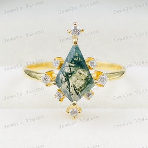 Green Moss Agate Kite Ring: Vintage Sterling Silver, Rose Gold Band