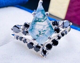 Moss Agate Statement Rings, Vintage Kite Cut Moss Agate Engagement Ring, Marquise Moissanite Black Gold Wedding Rings, Personalized Gift