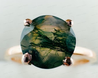 Minimalist Moss Agate Solitaire Ring: Sterling Silver Wedding Jewelry