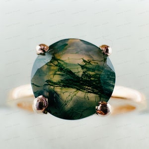 Minimalist Moss Agate Solitaire Ring: Sterling Silver Wedding Jewelry
