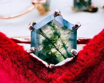 Minimalist Moss Agate Hexagon Ring: Sterling Silver Solitaire