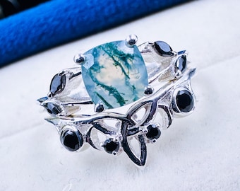 Cushion Moss Agate Engagement Ring Set with Black Onyx Leaf Design in Silver Twig Style Nature Inspired Promise Ring Bridal Jewelry