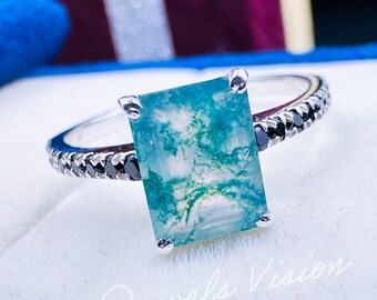 Emerald Cut Moss Agate Engagement Ring in Silver, Natural Green Agate Wedding Ring, Unique Gemstone Promise Ring, Anniversary Gift for Her