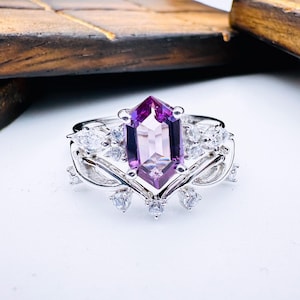 Hexagon Amethyst Bridal Ring Set: Moissanite Sterling Silver Engagement Wedding Rings