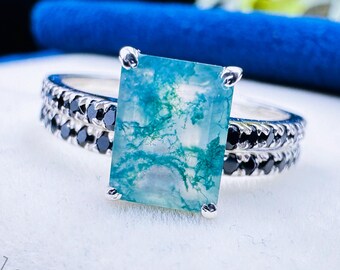 Emerald Cut Natural Green Moss Agate Engagement Ring Set Vintage 14k White Gold Black Onyx Art Deco Bridal Ring