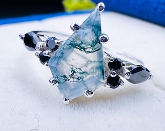 Kite Cut Moss Agate Statement Ring with Black Moissanite Accents in White Gold, Unique Vintage Inspired Engagement Ring for Women