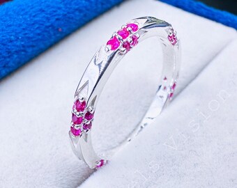 Flush Set Staggered Pink Zirconia Wedding Band, Half Eternity Engagement Band Ring, 14K White Gold Over Womens Anniversary Band