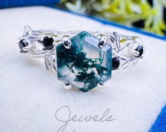 Hexagon Moss Agate Engagement Ring • Vintage Green Agate Ring • White Gold Black Spinel Bridal Ring • Unique Promise Anniversary Gift