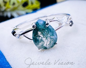 Pear Moss Agate Engagement Ring Twig Leaf Design with Black Onyx, Vintage Nature Inspired Wedding Ring for Women in Silver