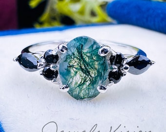 Moss Agate Engagement Ring Oval Art Deco Cluster Ring with Black Onyx and Moissanite in Solid Gold Unique Bridal Wedding Anniversary Gift