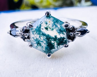 Hexagon Cut Moss Agate Engagement Ring in 14K White Gold with Marquise Onyx Cluster Setting Art Deco Bridal Promise Ring for Women