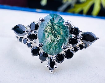 Oval Moss Agate Engagement Ring Set Art Deco Black Gold Enhance Stack Curved Wedding Band Unique Gothic Propose Ring Gift for Her