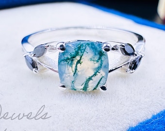 Natural Moss Agate Cushion Cut Solitaire Ring in 14K White Gold Dainty Wedding Bridal Ring Anniversary Gift Unique Green Gemstone Jewelry