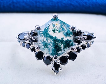 Art Deco Hexagon Cut Natural Green Moss Agate Engagement Ring Set 14K White Gold Black Zirconia Unique Vintage Bridal Ring Set 2pcs