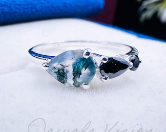 Drop Moss Agate Ring with Black Onyx Accent Nature Inspired Pear Engagement Ring Art Deco Style Green Gemstone Anniversary Gift