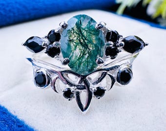 Oval Moss Agate Engagement Ring Set Gothic Black Onyx Art Deco Wedding Ring Bridal Set for Women Unique Vintage Wedding Gift