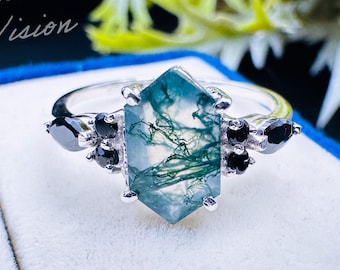 Hexagon Cut Moss Agate Engagement Ring in 14K White Gold with Marquise Onyx Cluster Setting Art Deco Bridal Promise Ring for Women