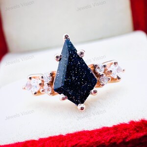 Natural Blue Sandstone Kite Cut Ring with CZ Accents in Rose Gold Unique Celestial Style Handmade Jewelry Gift for Women